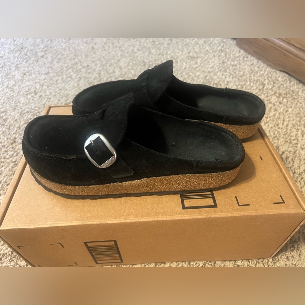 Birkenstock Black Suede Mules with Buckle
